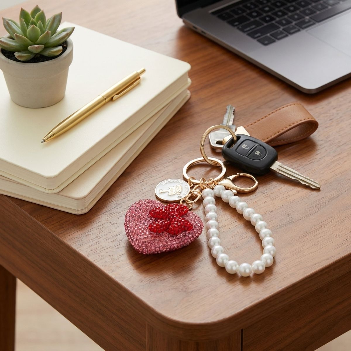 Pink Stone Encrusted Heart Pearl Keychain Clip