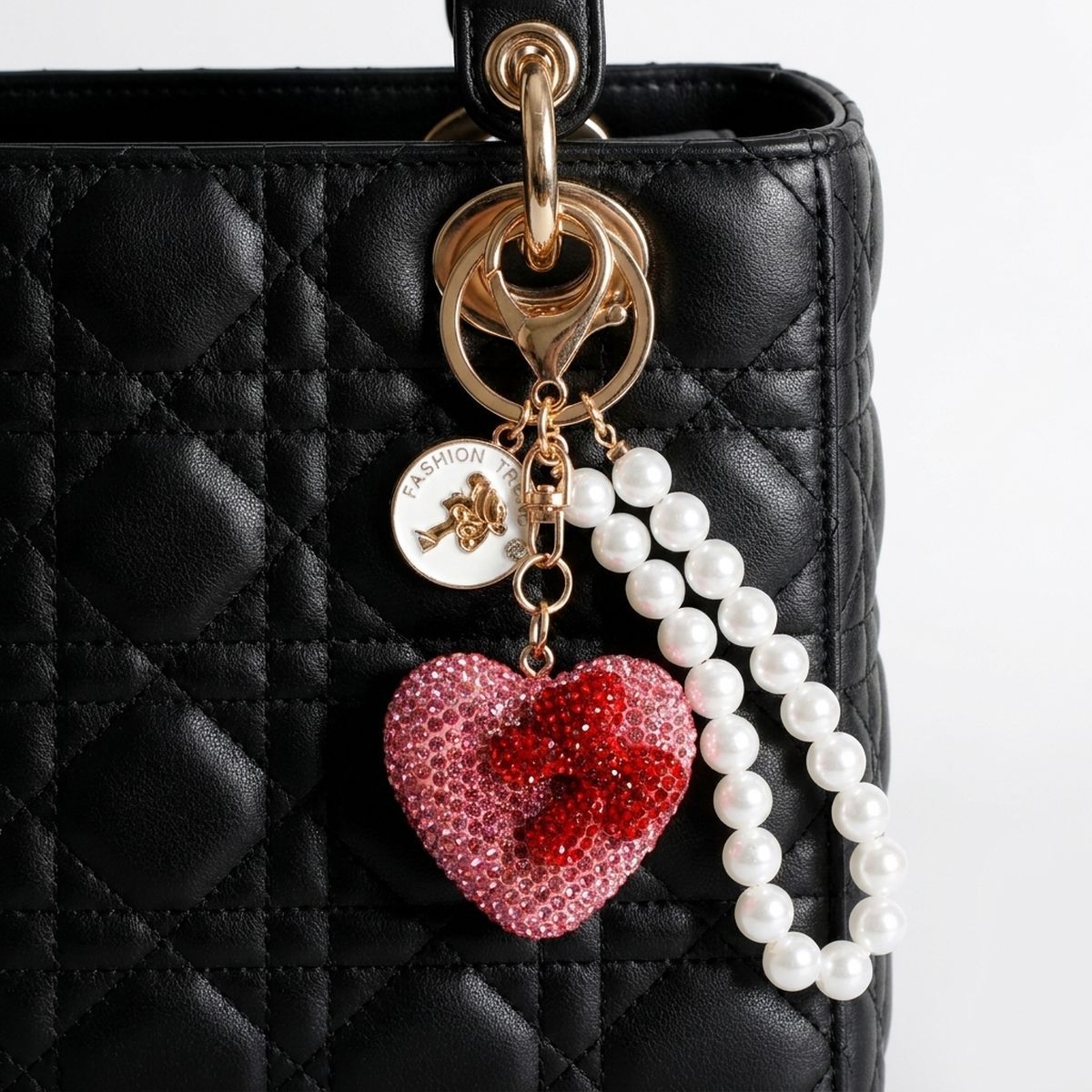 Pink Stone Encrusted Heart Pearl Keychain Clip