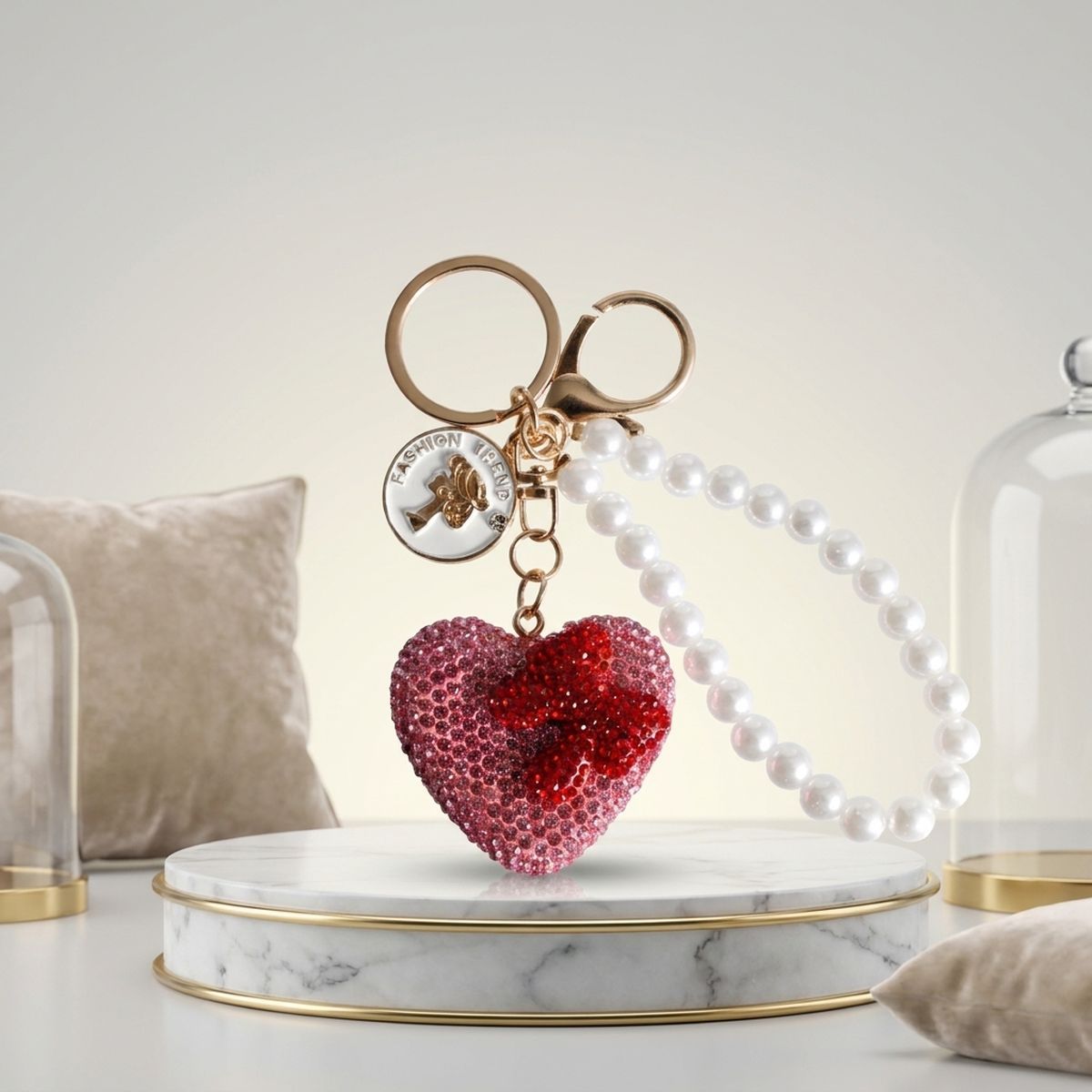 Pink Stone Encrusted Heart Pearl Keychain Clip