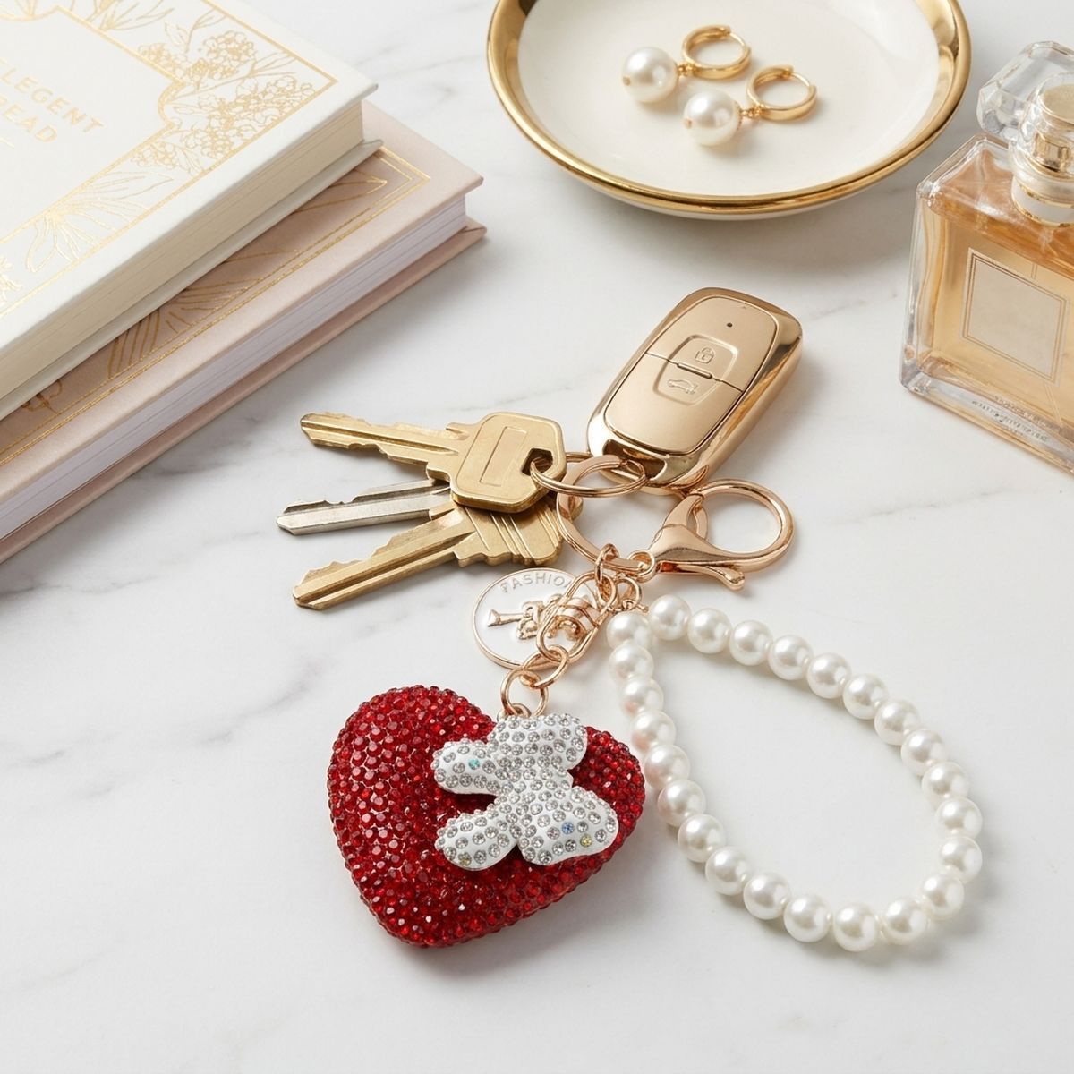 Red Stone Encrusted Heart Pearl Keychain Clip