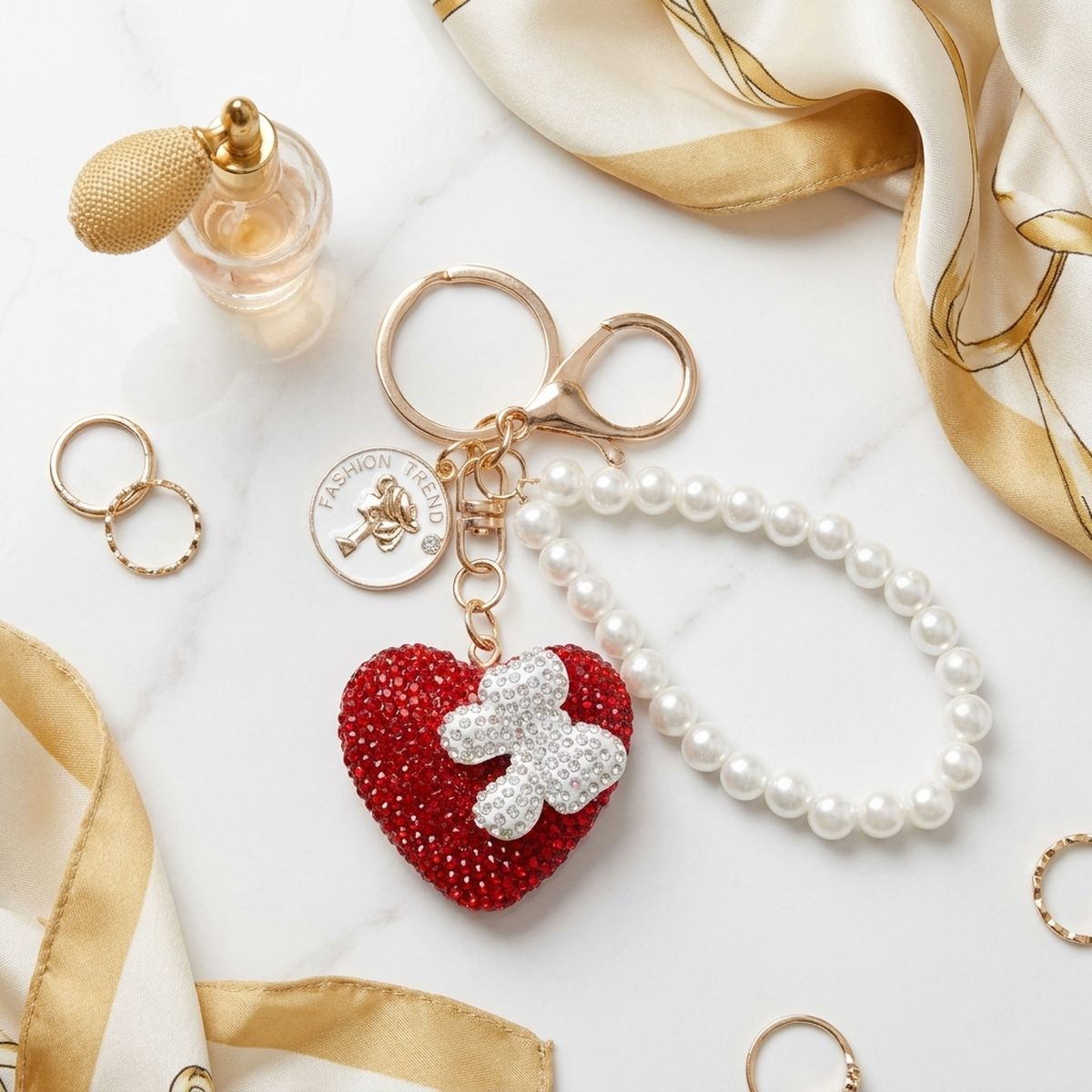 Red Stone Encrusted Heart Pearl Keychain Clip