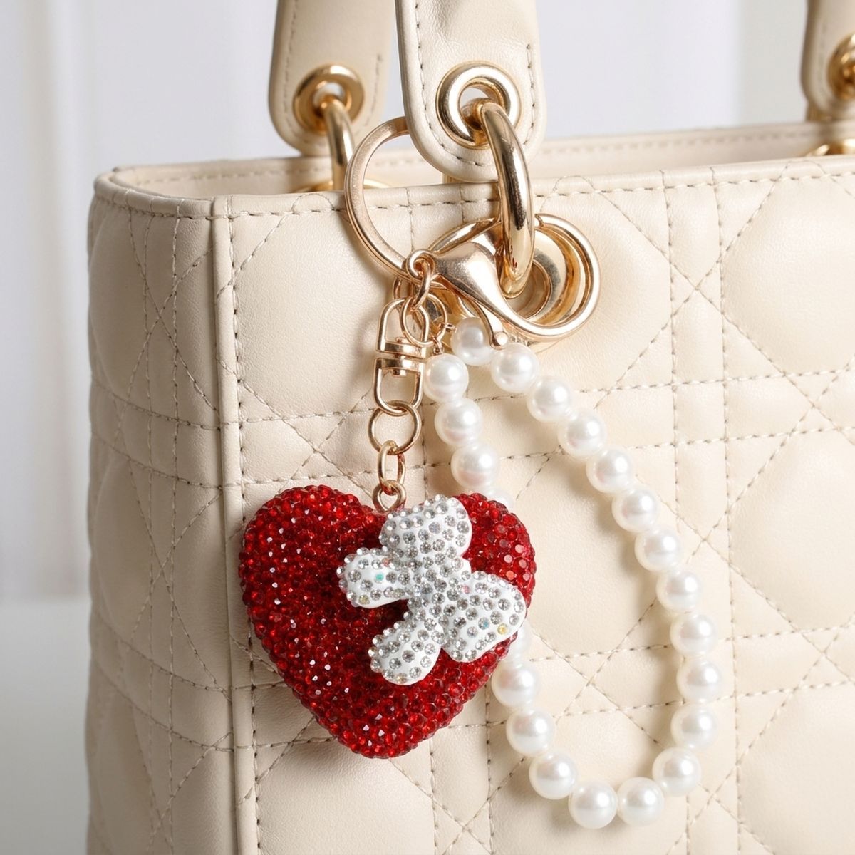 Red Stone Encrusted Heart Pearl Keychain Clip