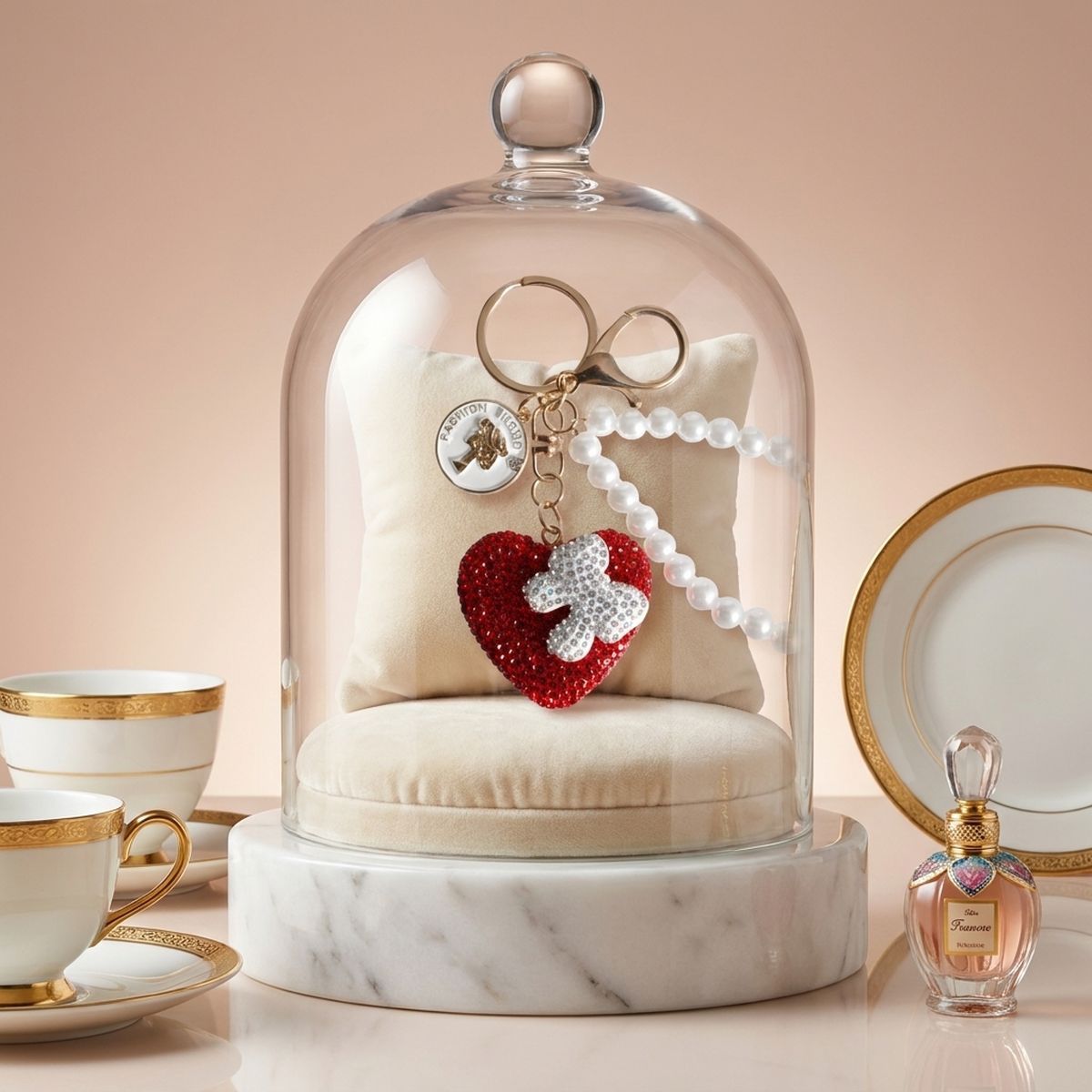 Red Stone Encrusted Heart Pearl Keychain Clip
