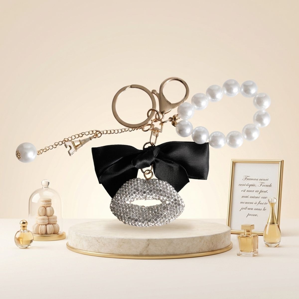 Clear Stone Encrusted Lips Parisian Pearl Keychain