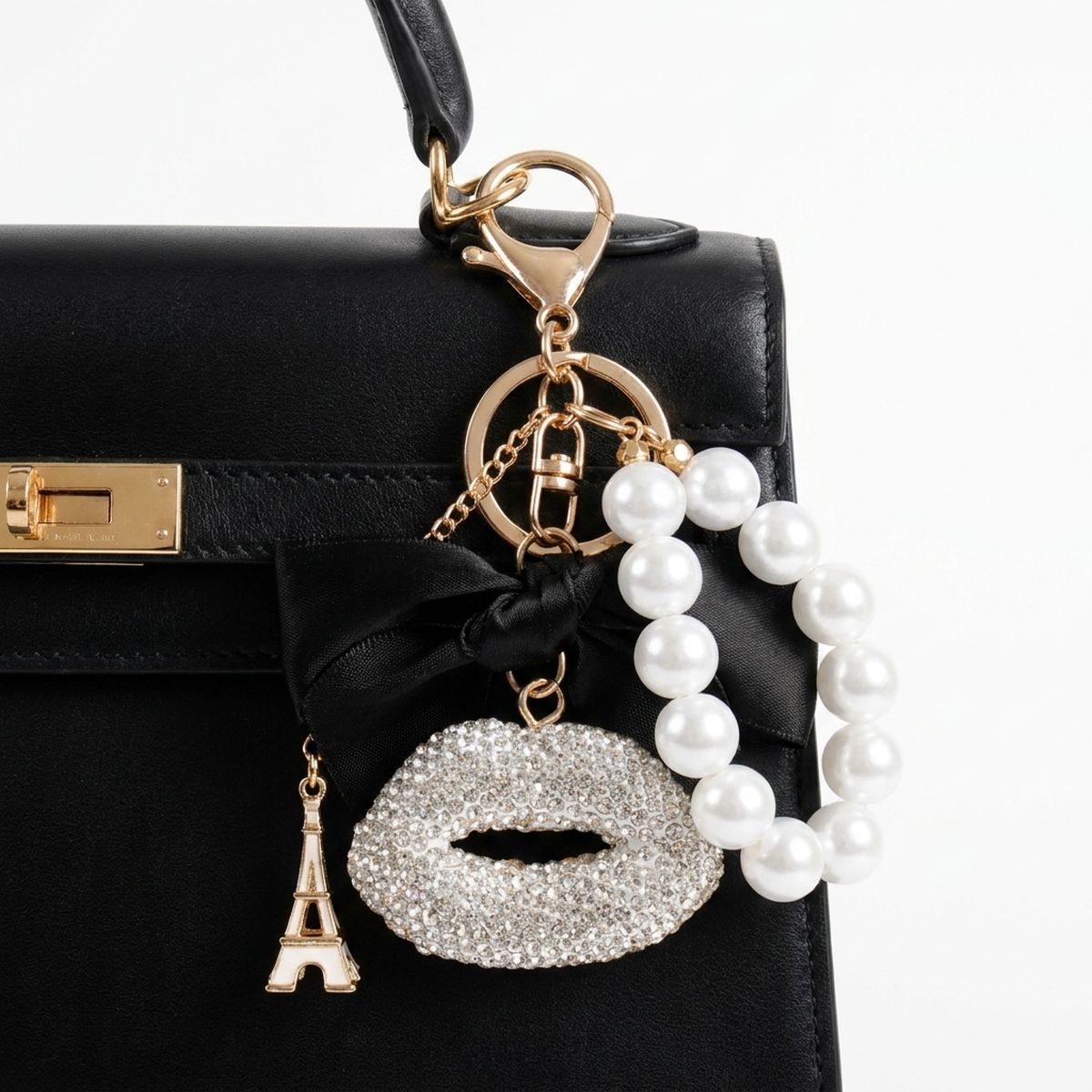 Clear Stone Encrusted Lips Parisian Pearl Keychain