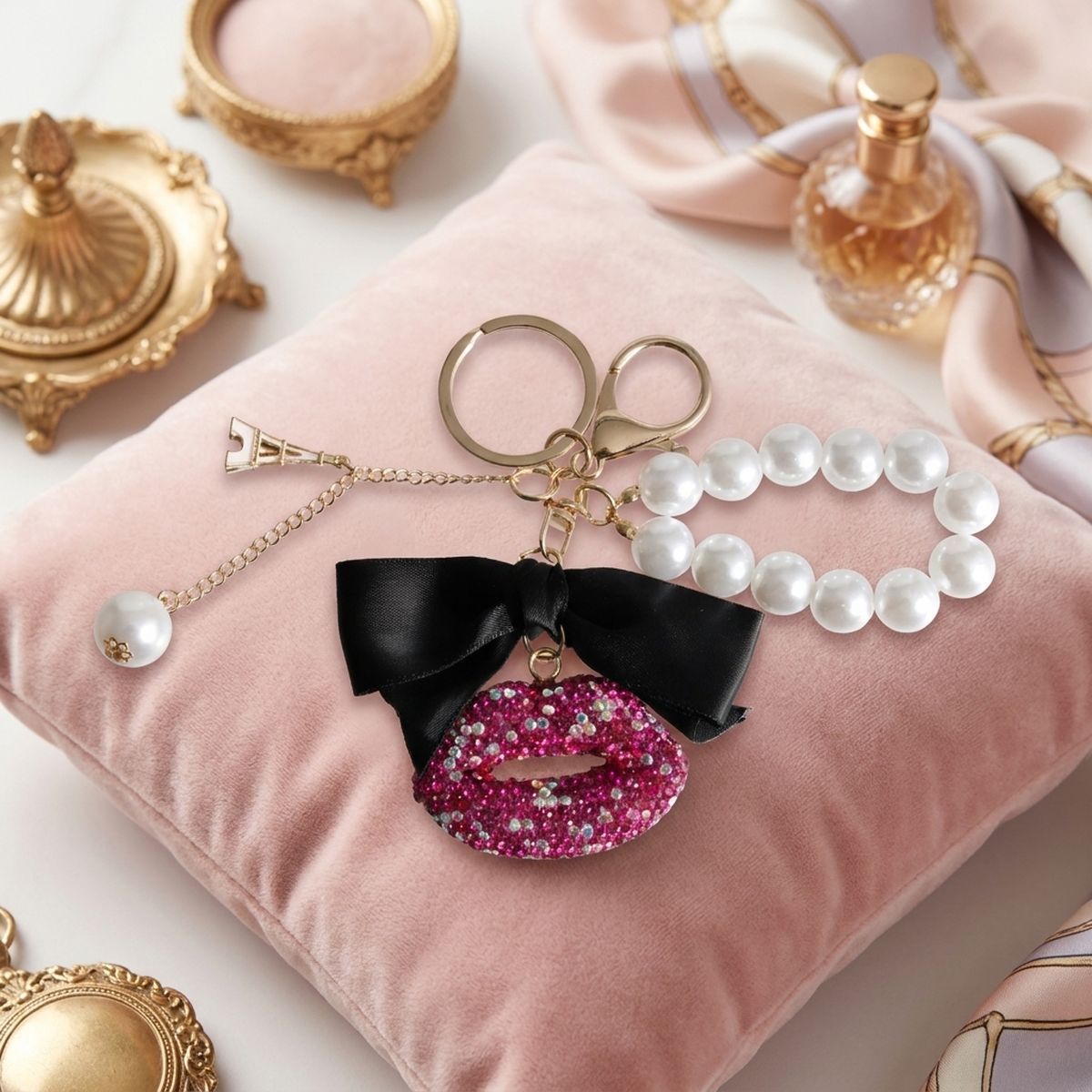 Fuchsia Stone Encrusted Lips Parisian Pearl Keychain