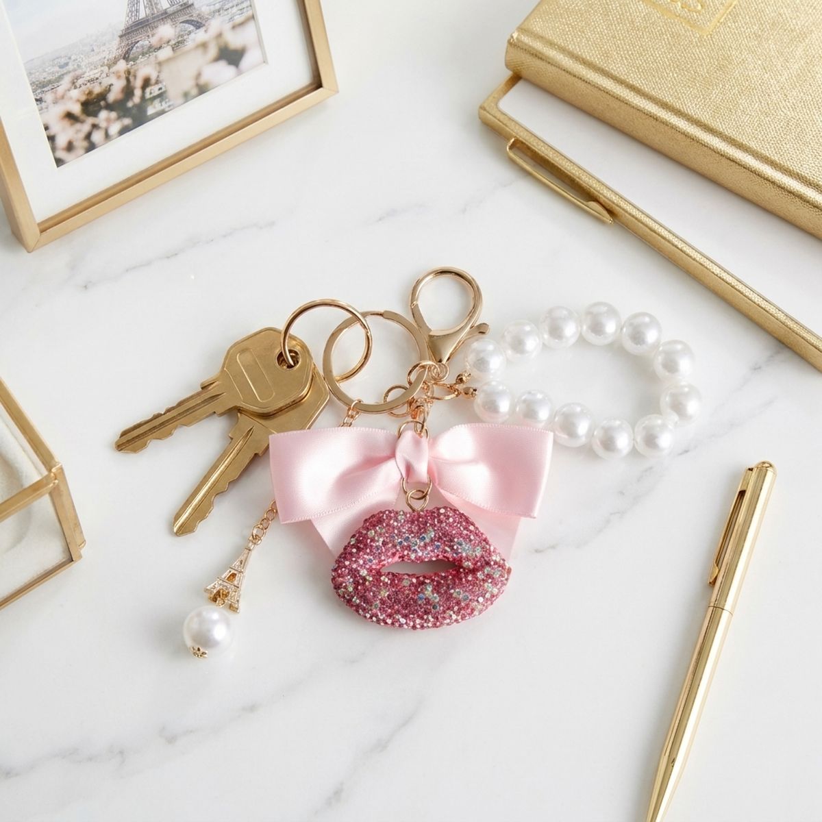 Pink Stone Encrusted Lips Parisian Pearl Keychain