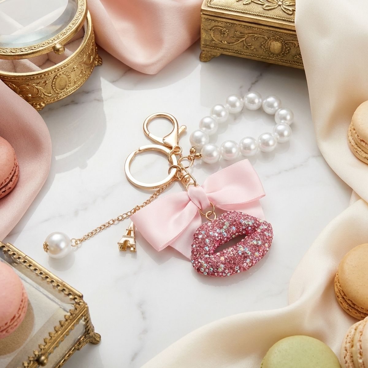 Pink Stone Encrusted Lips Parisian Pearl Keychain