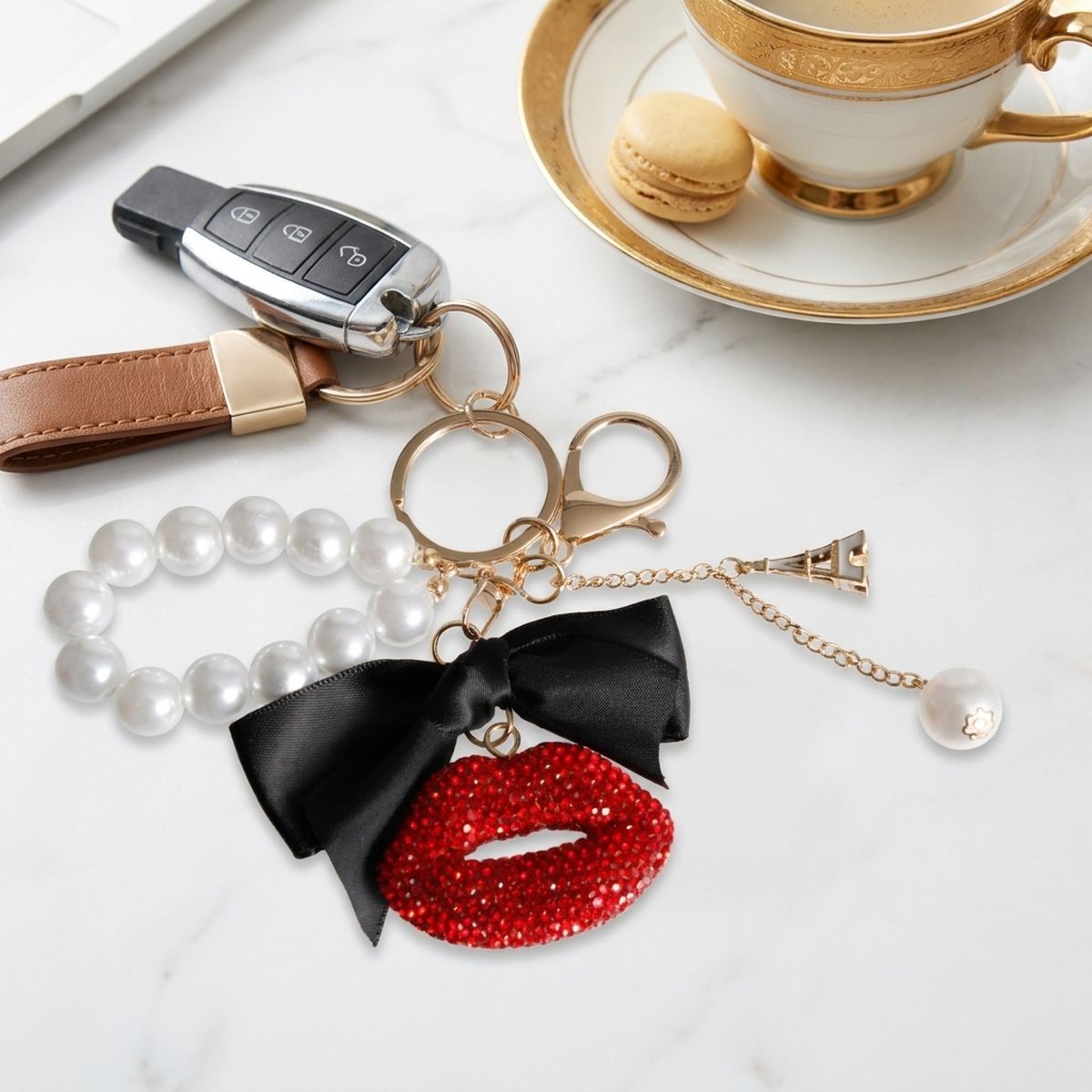 Red Stone Encrusted Lips Parisian Pearl Keychain