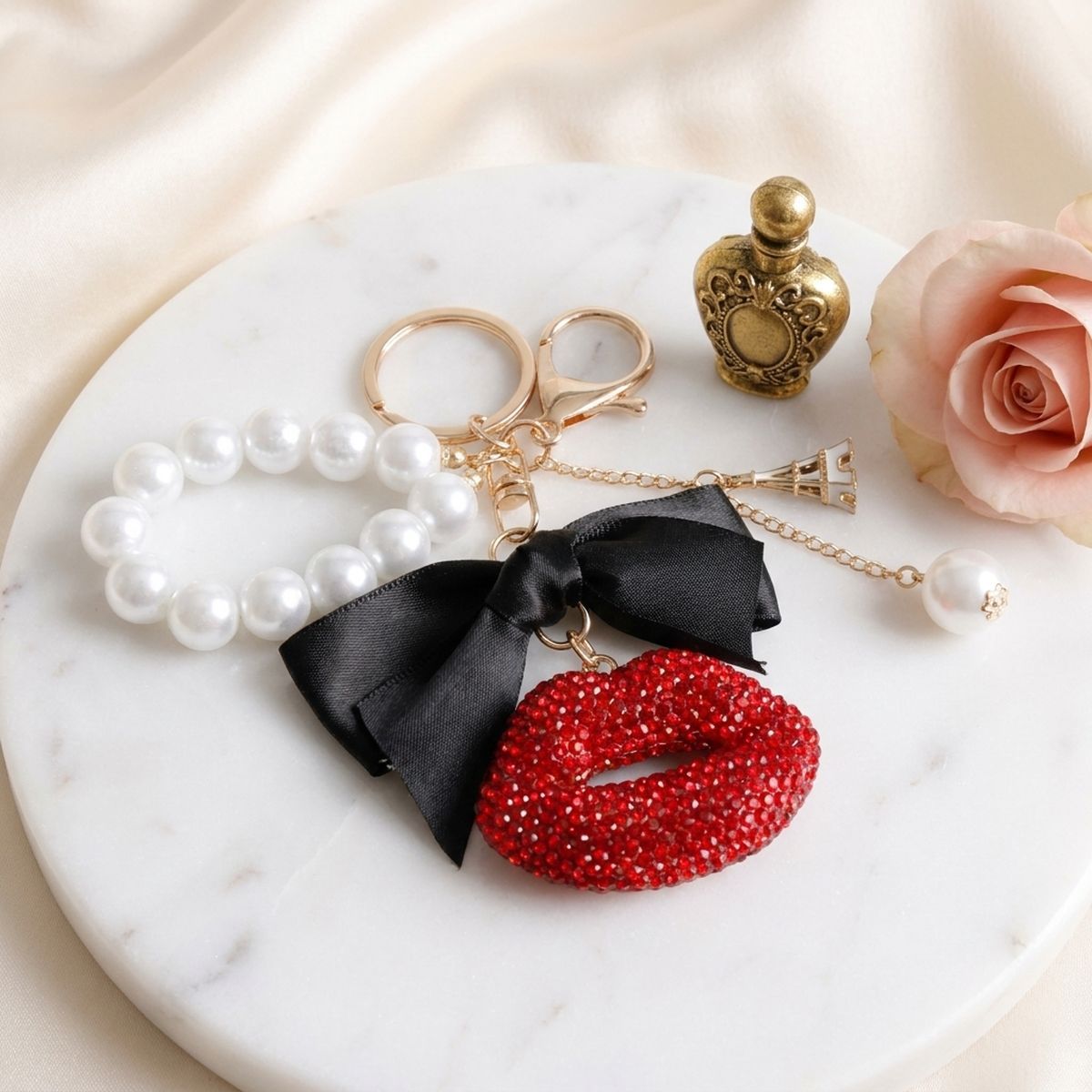 Red Stone Encrusted Lips Parisian Pearl Keychain