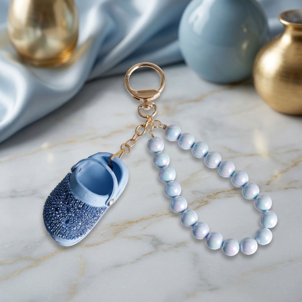 Blue Stone Encrusted Croc Pearl Keychain Clip