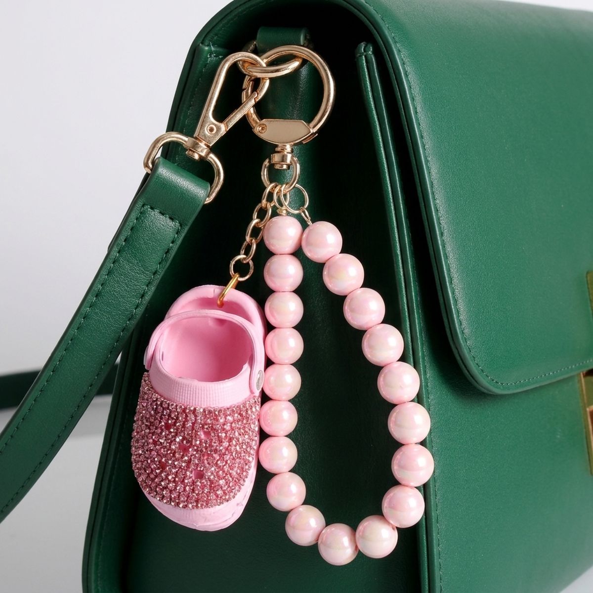 Pink Stone Encrusted Croc Pearl Keychain Clip