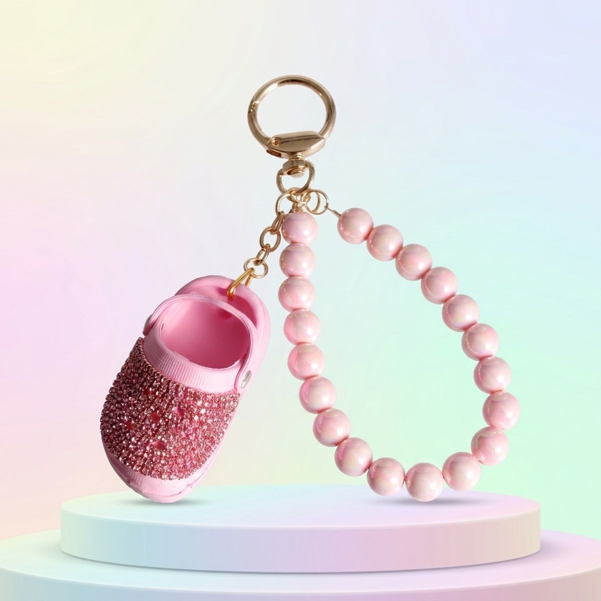 Pink Stone Encrusted Croc Pearl Keychain Clip