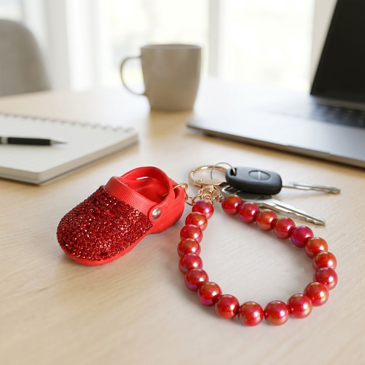 Red Stone Encrusted Croc Pearl Keychain Clip