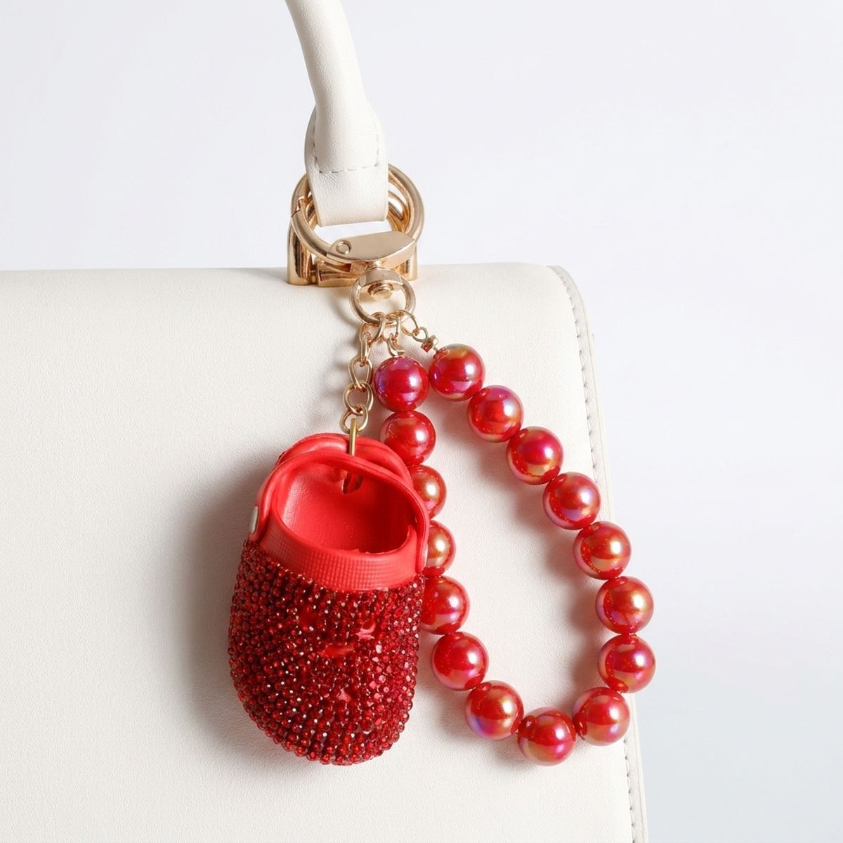 Red Stone Encrusted Croc Pearl Keychain Clip