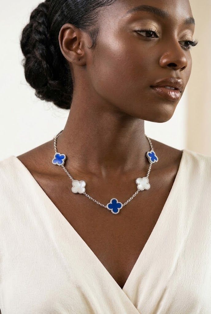 ZPB Royal Blue White Quatrefoil Clover Necklace