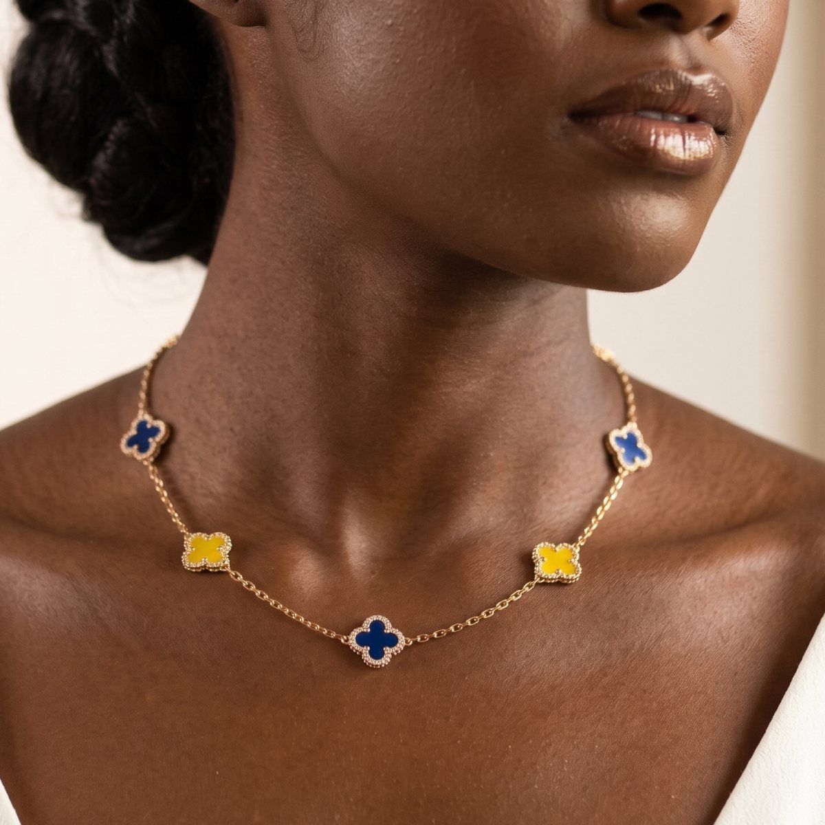 SGRHO Blue and Yellow Quatrefoil Clover Necklace