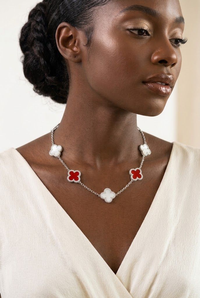 DST Red and White Quatrefoil Clover Necklace