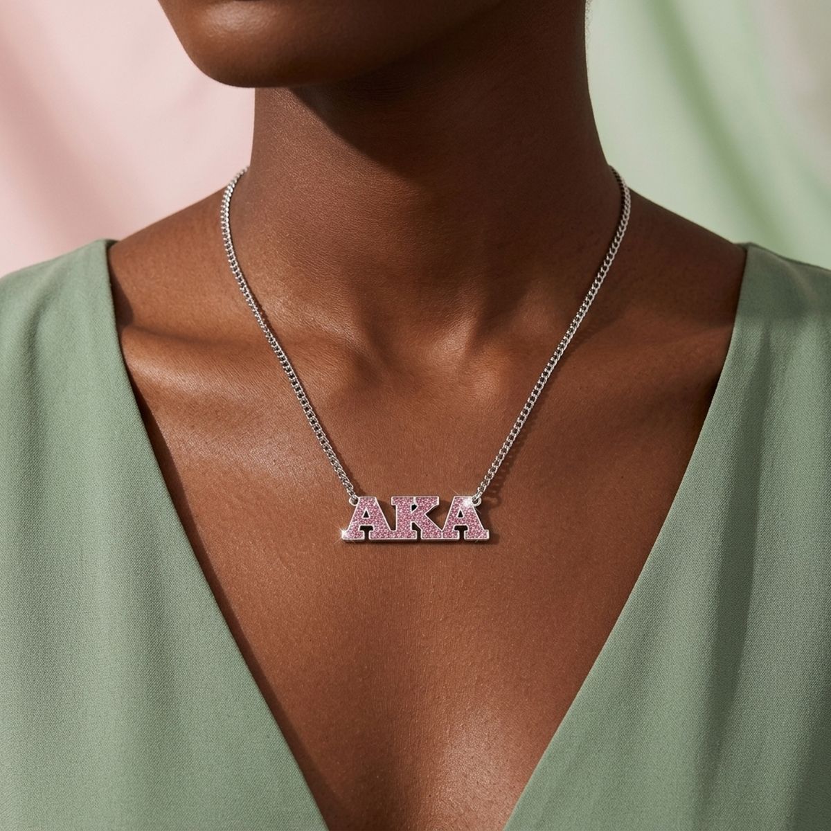 AKA Silver Pink Rhinestone Greek Letter Necklace