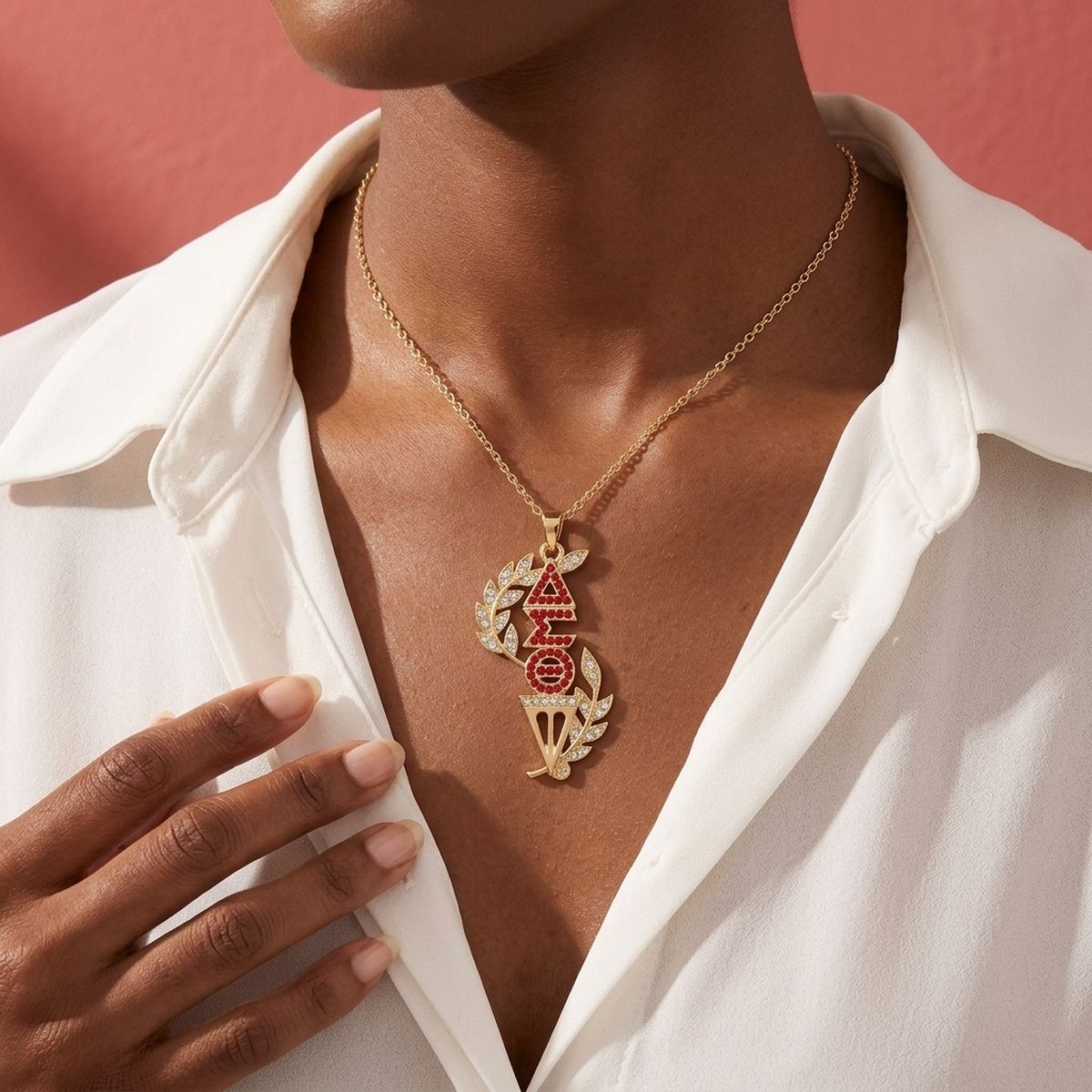 DST Gold Red Rhinestone Laurel Leaf Necklace