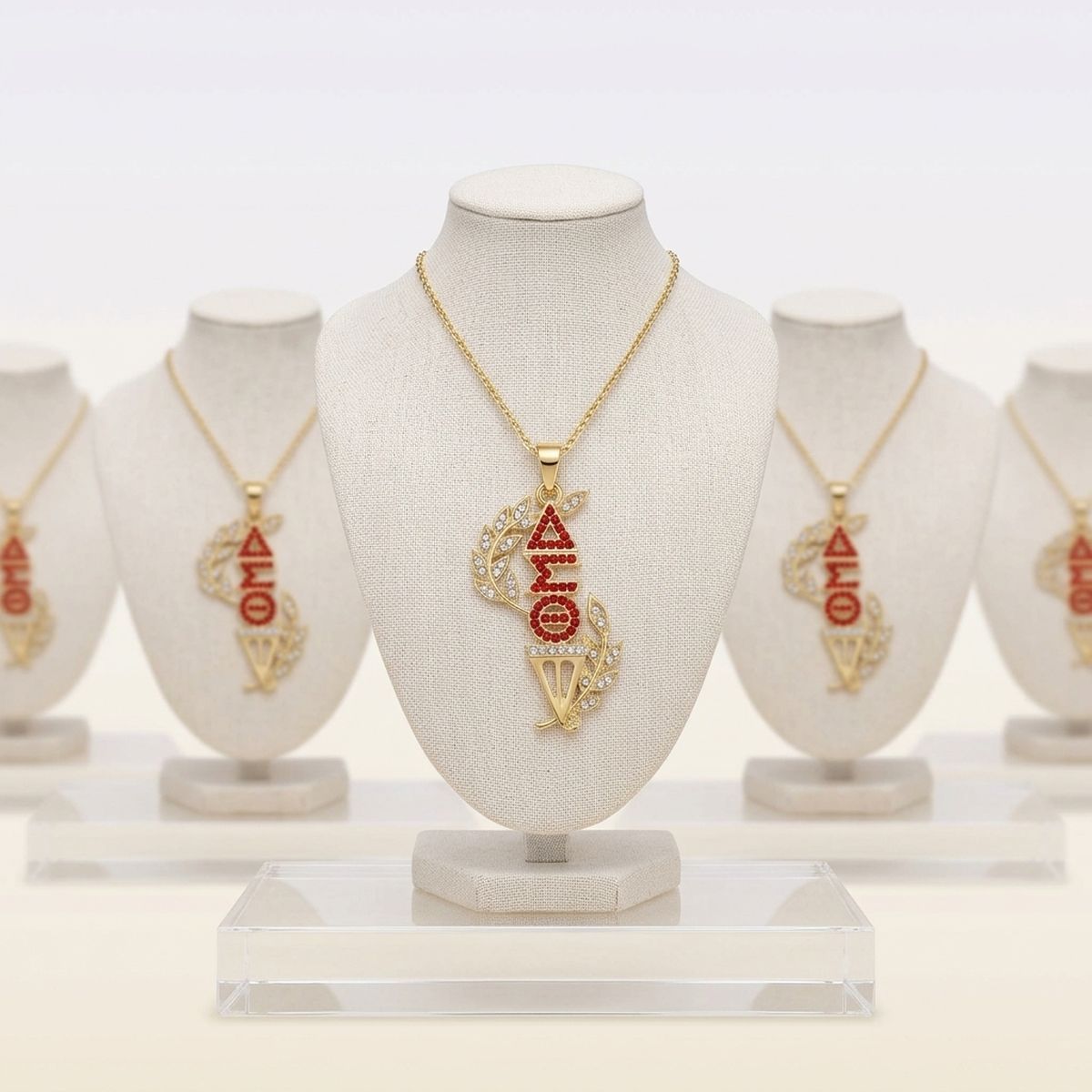 DST Gold Red Rhinestone Laurel Leaf Necklace