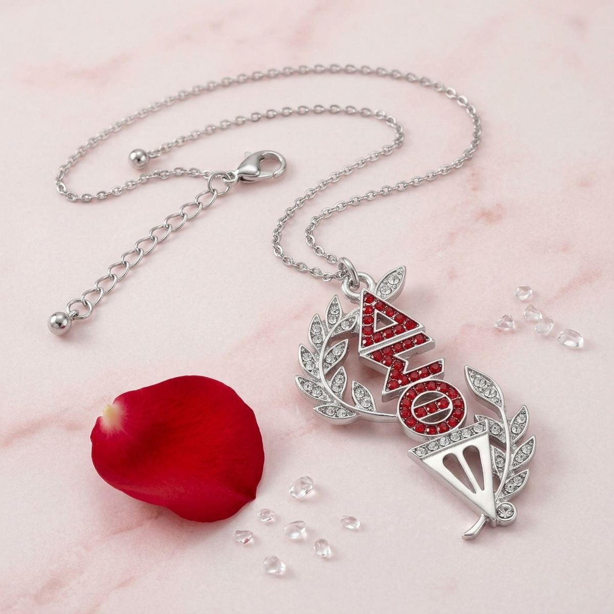 DST Silver Red Rhinestone Laurel Leaf Necklace