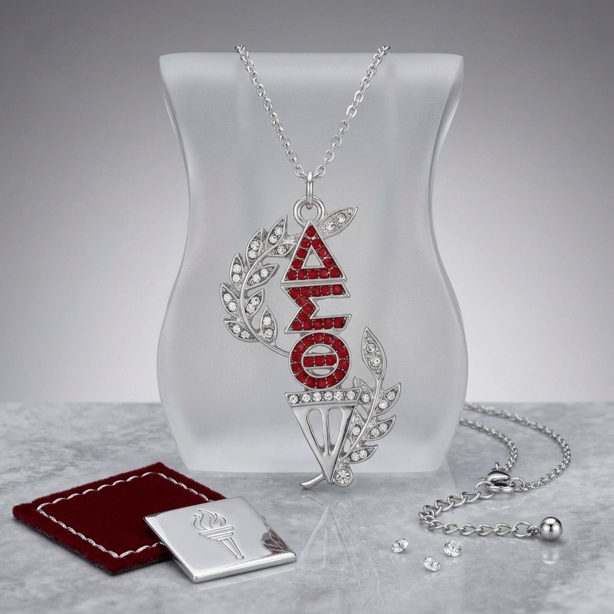 DST Silver Red Rhinestone Laurel Leaf Necklace