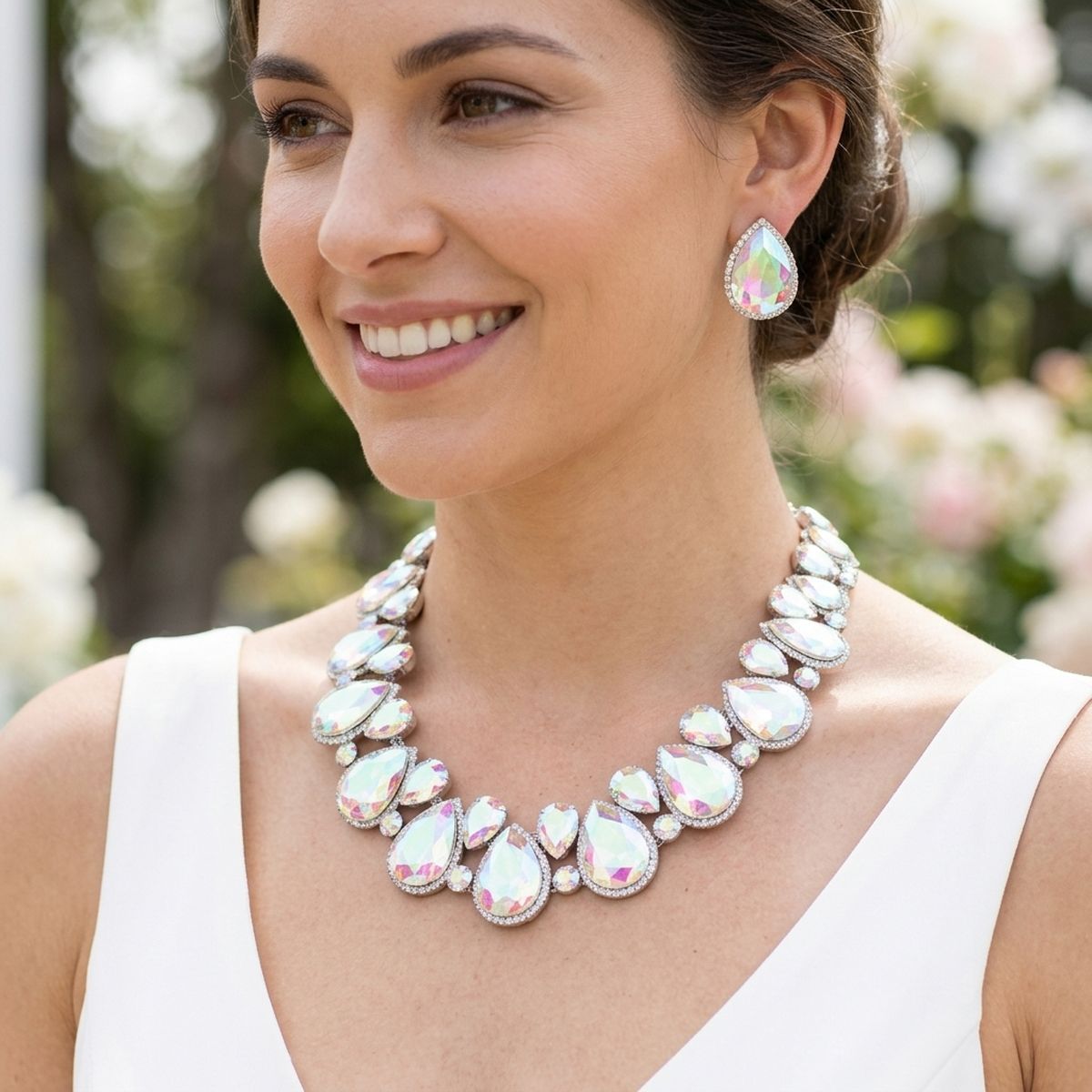 Silver Aurbo Glass Teardrop Crystal Collar Necklace