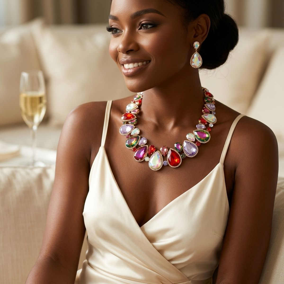 Light Multi Glass Teardrop Crystal Collar Necklace