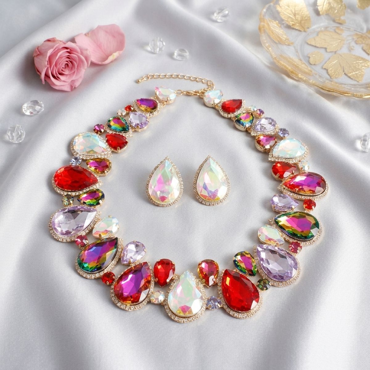 Light Multi Glass Teardrop Crystal Collar Necklace