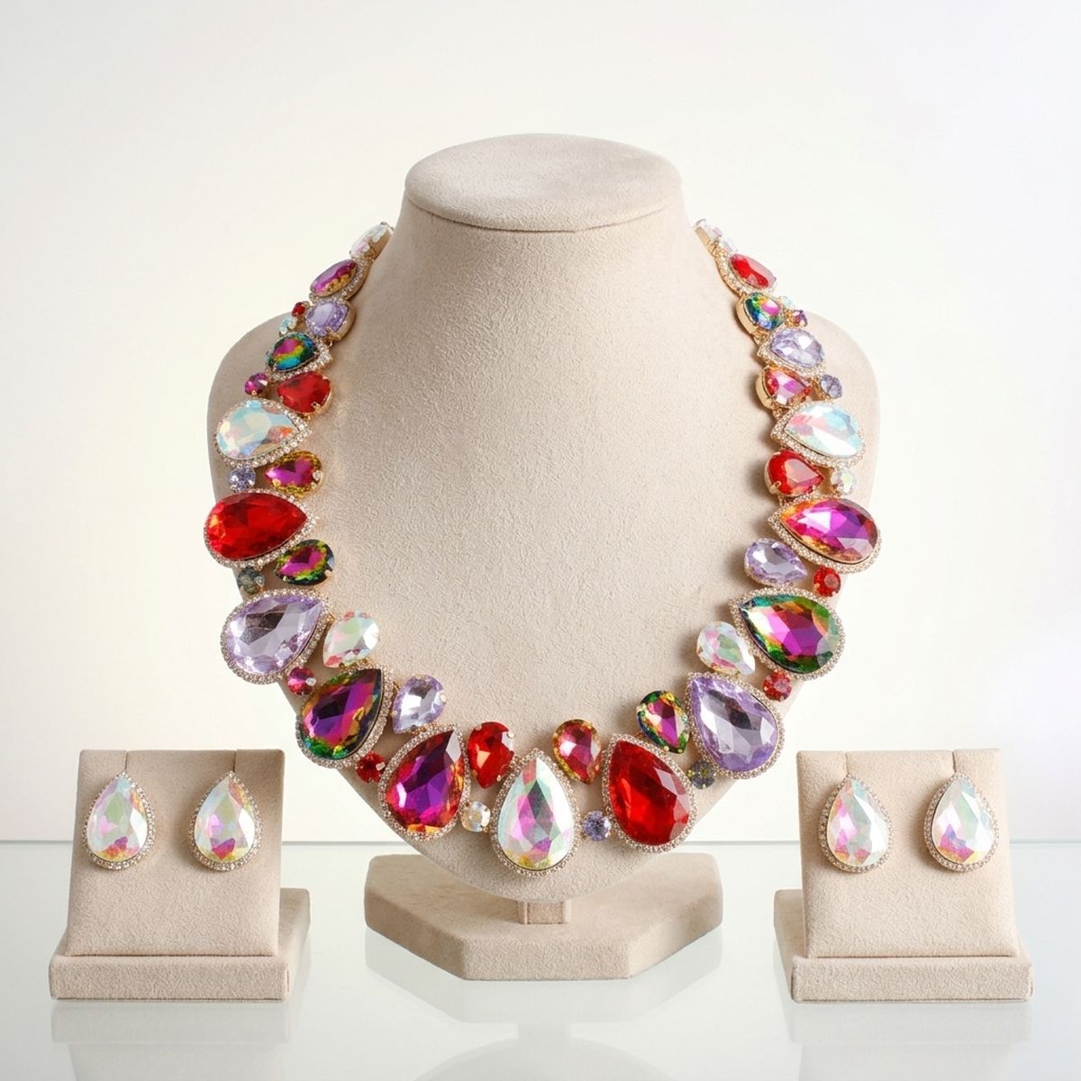 Light Multi Glass Teardrop Crystal Collar Necklace