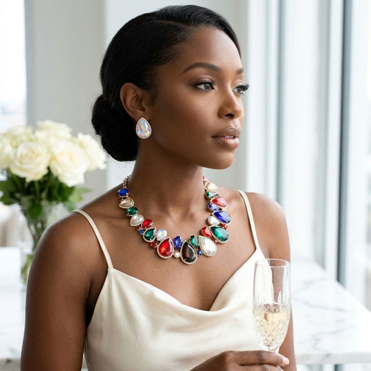Dark Multi Glass Teardrop Crystal Collar Necklace