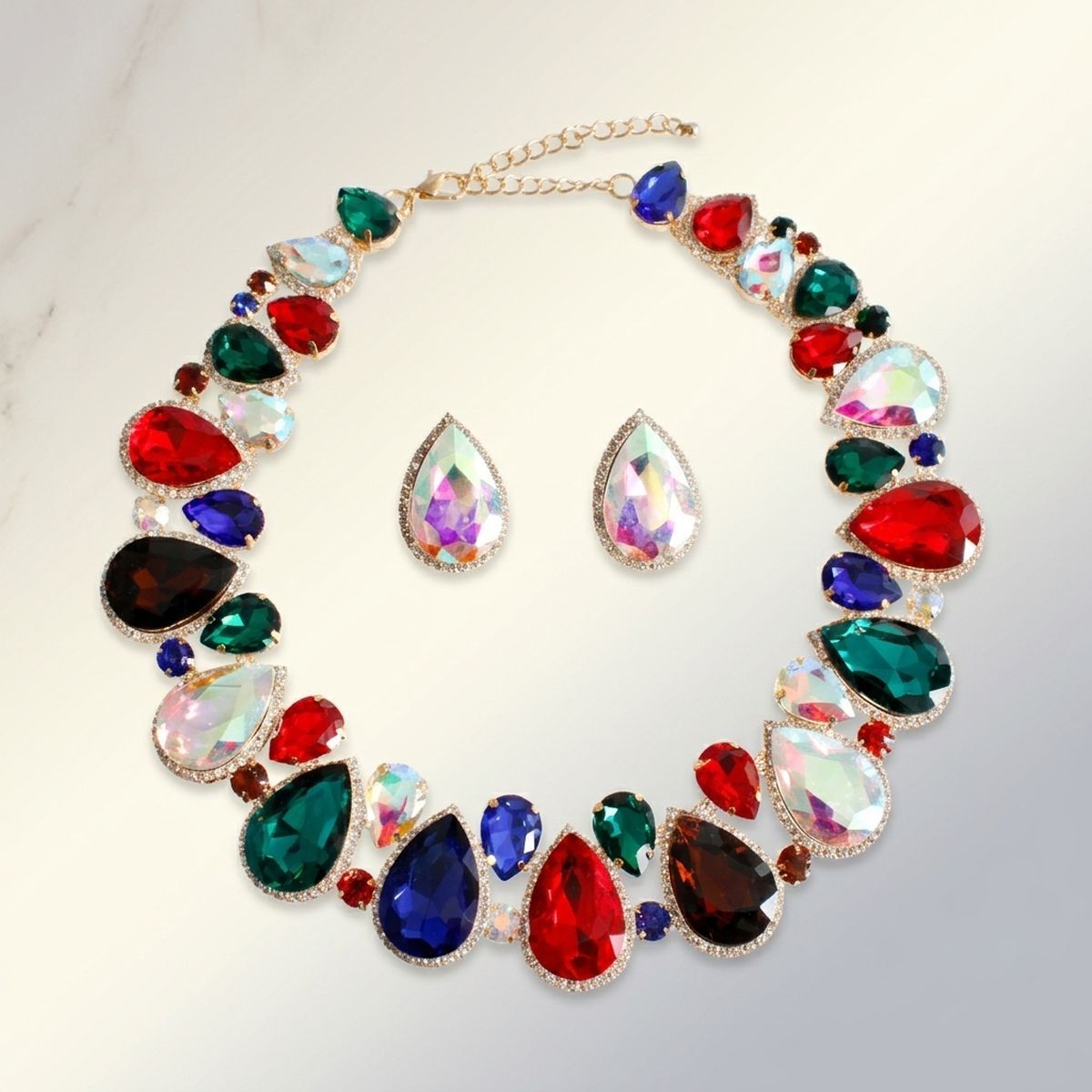 Dark Multi Glass Teardrop Crystal Collar Necklace