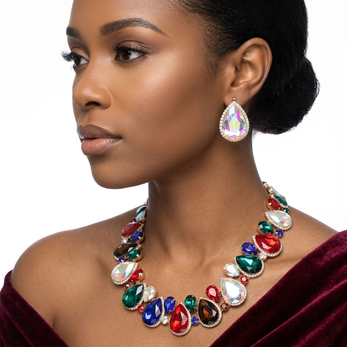 Dark Multi Glass Teardrop Crystal Collar Necklace
