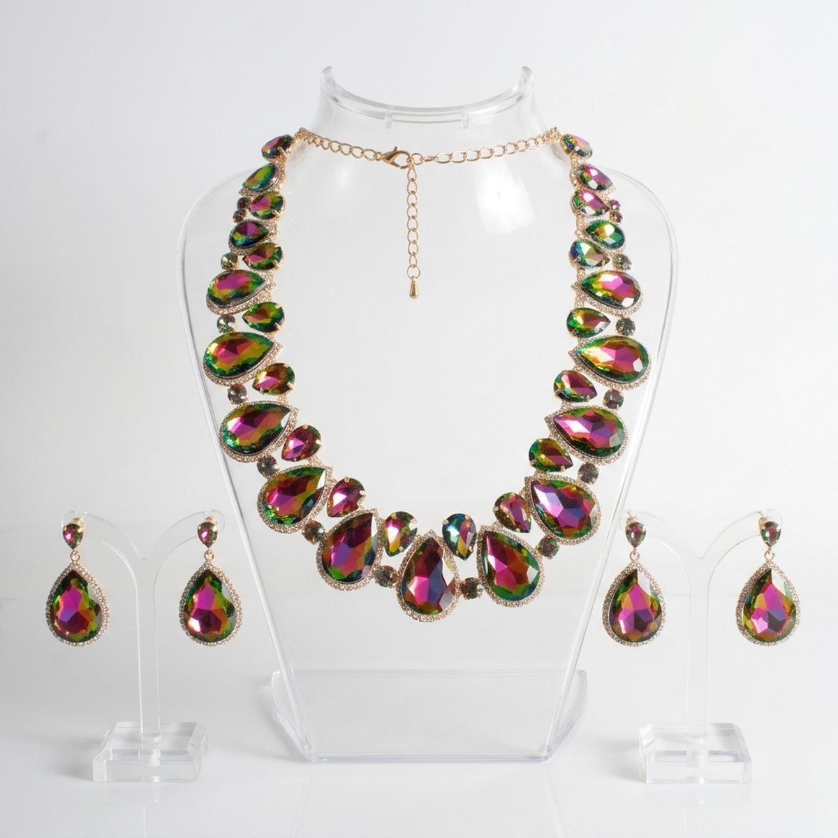 Pink Green Glass Teardrop Crystal Collar Necklace