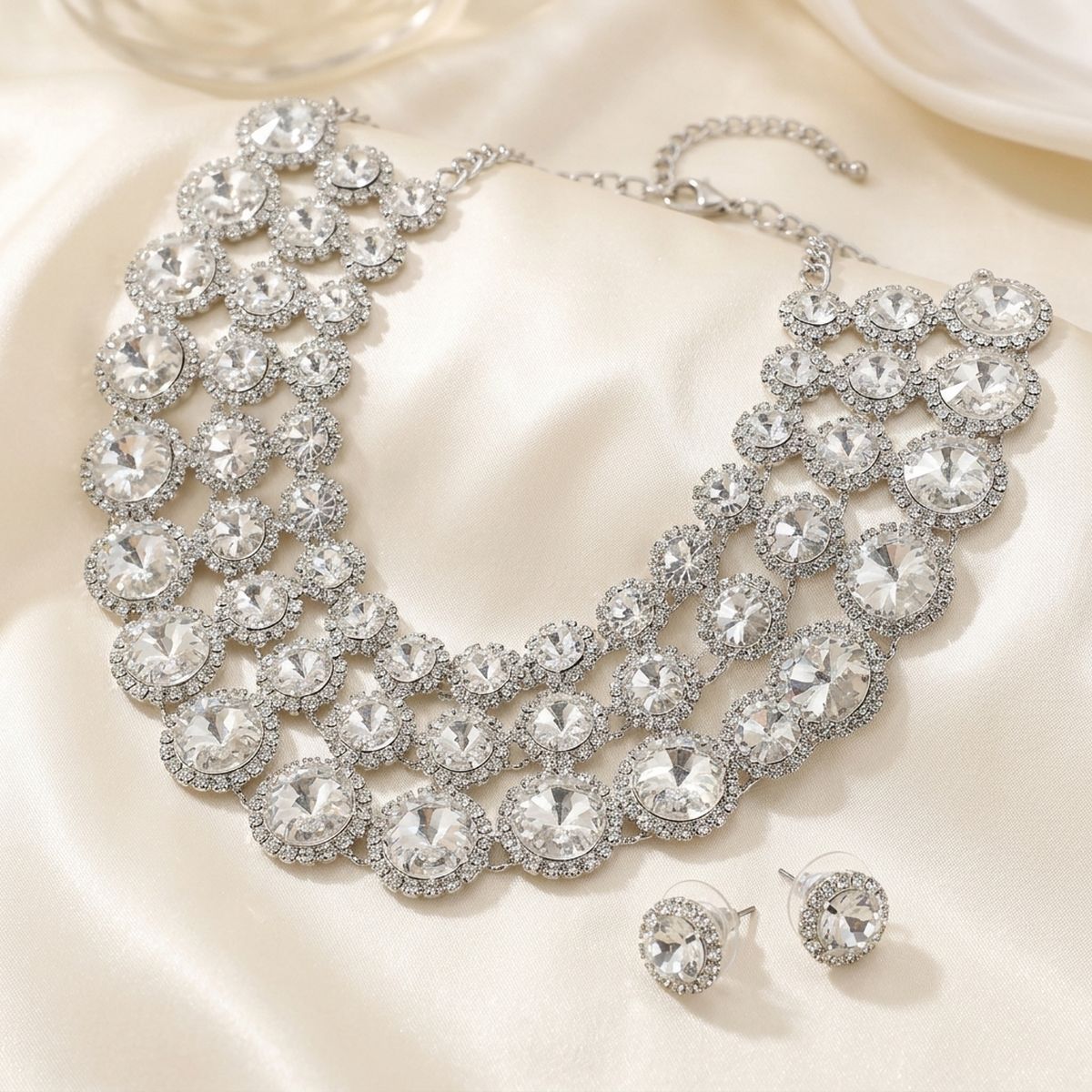 Silver Glass Halo Crystal 3 Row Collar Necklace