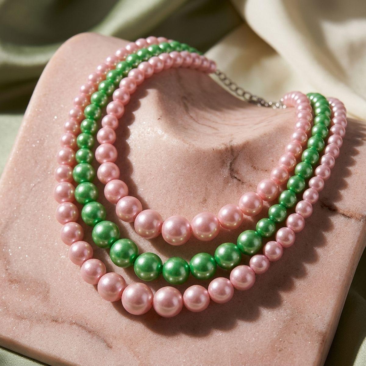 Pearl Necklace Pink Green 3 Strand