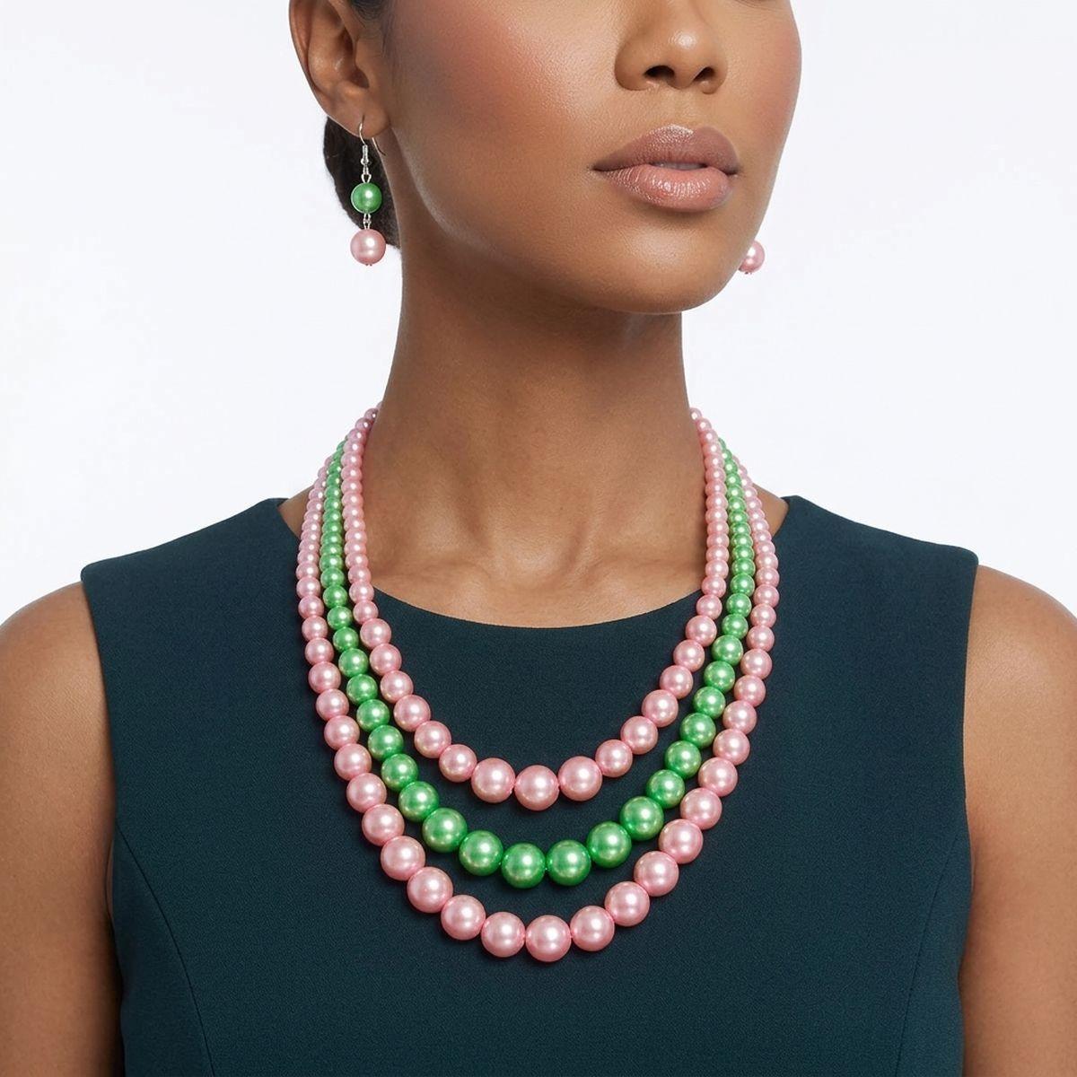 Pearl Necklace Pink Green 3 Strand