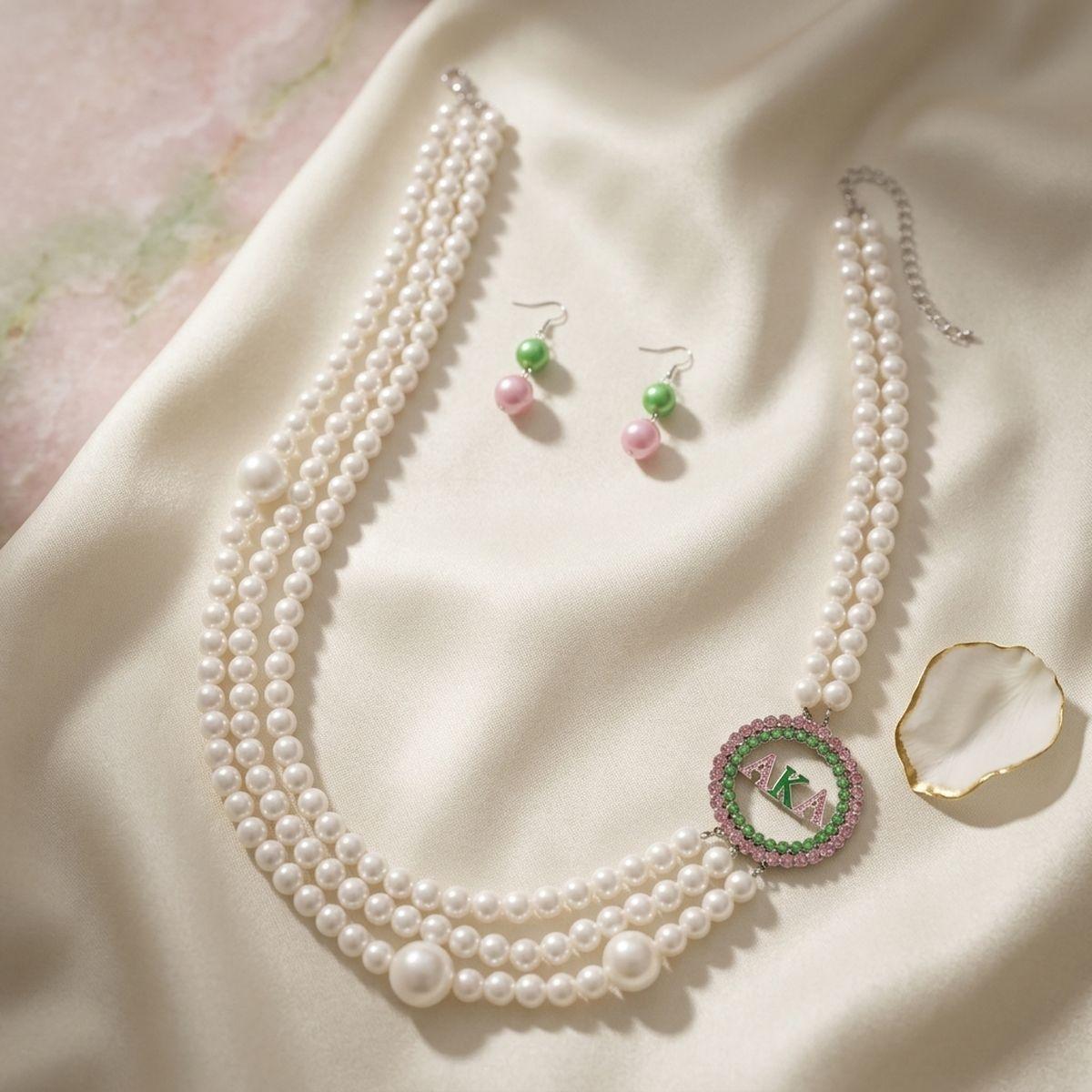 AKA Sorority White Pearl Long Brooch Necklace