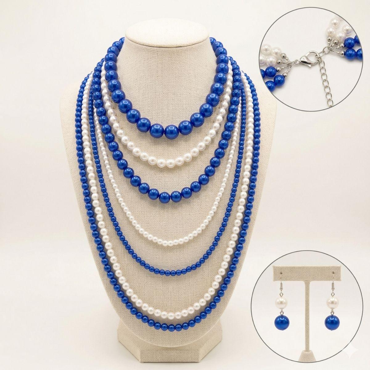 ZPB Sorority Blue White Pearl Long 7 Row Necklace