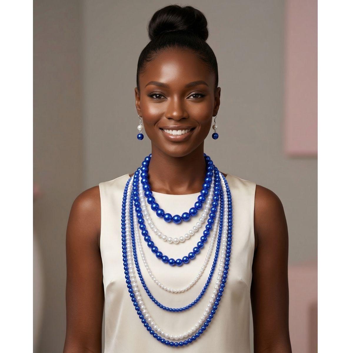 ZPB Sorority Blue White Pearl Long 7 Row Necklace