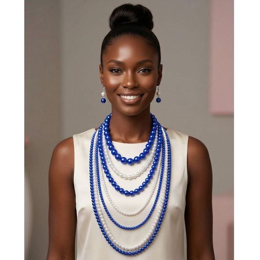ZPB Sorority Blue White Pearl Long 7 Row Necklace