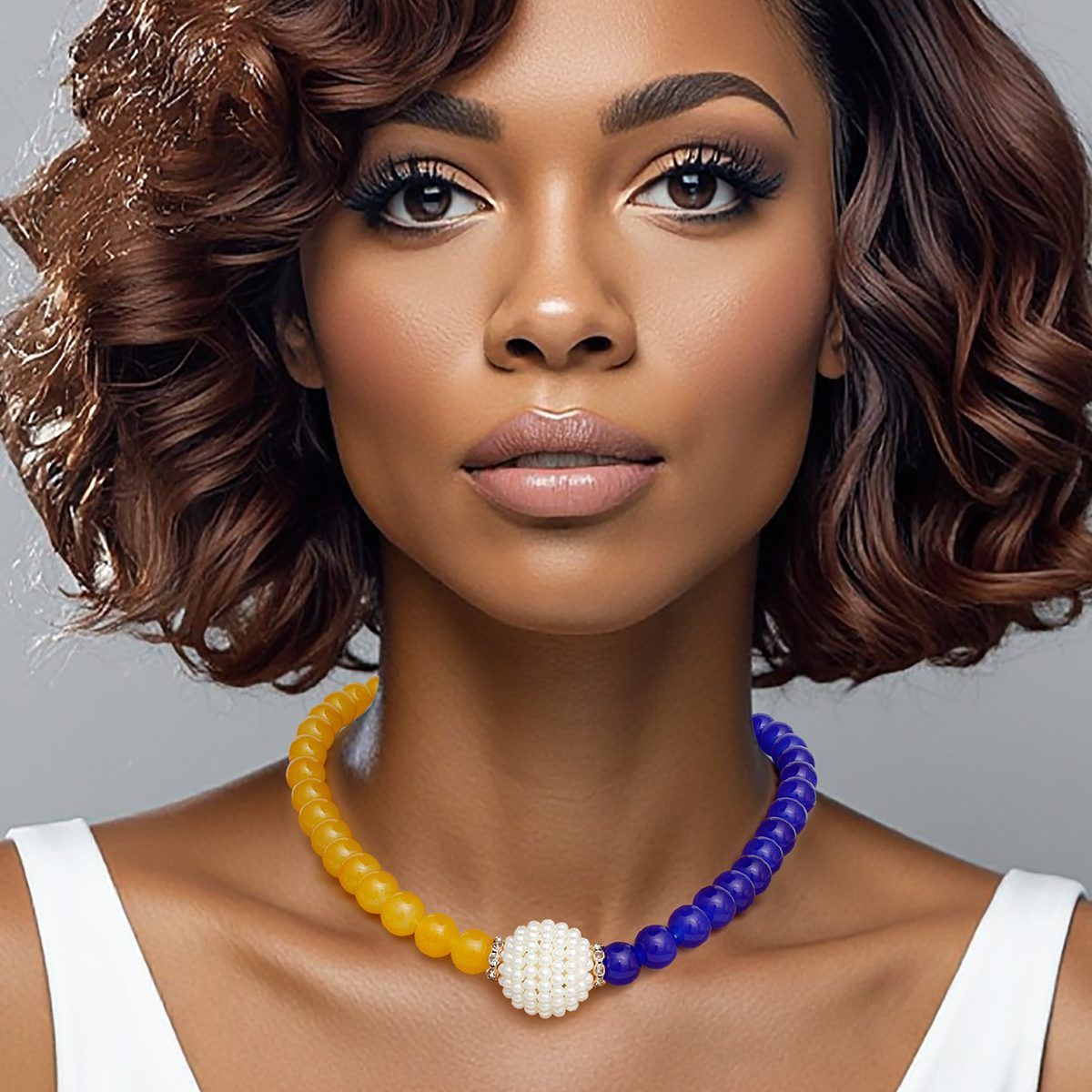 SGRHO Sorority Blue Gold Pearl Glass Bead Necklace