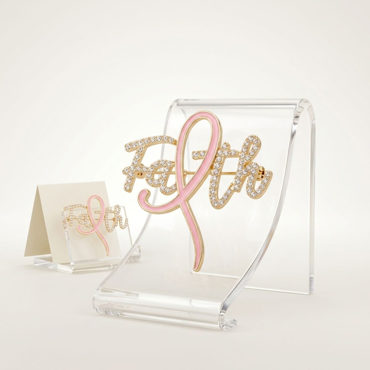 Faith Breast Cancer Gold Light Pink Ribbon Brooch