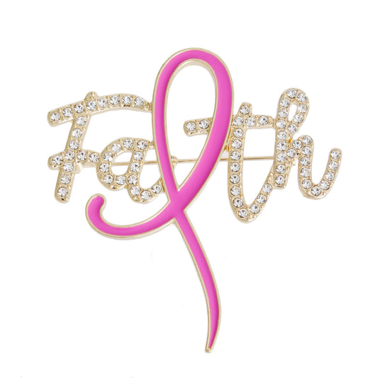 Breast Cancer Brooch Gold Faith Pink Ribbon
