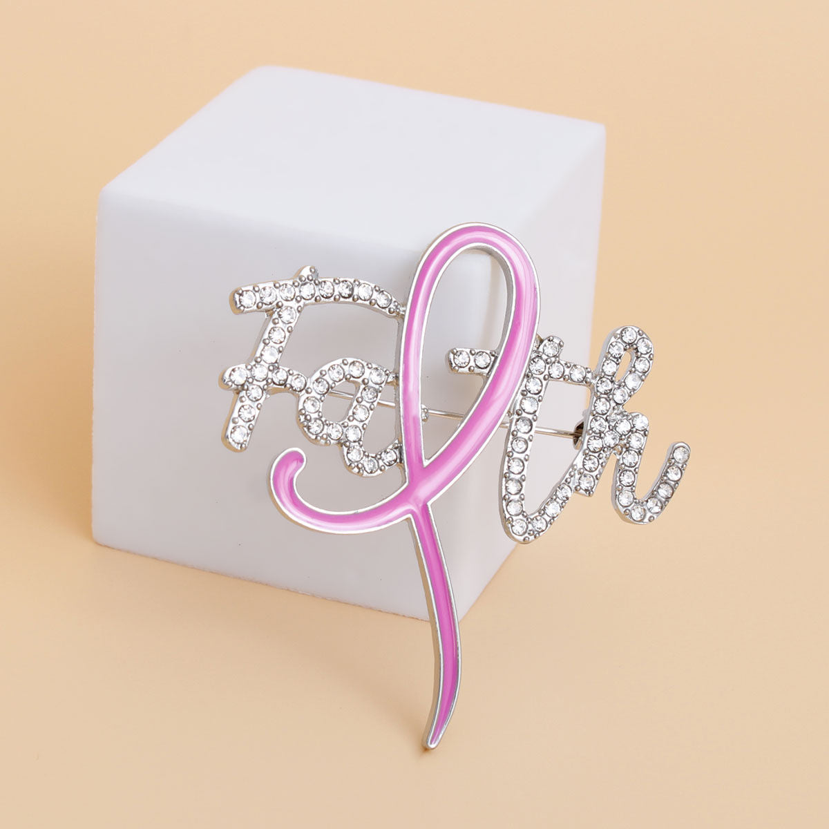 Breast Cancer Brooch Silver Faith Pink Ribbon