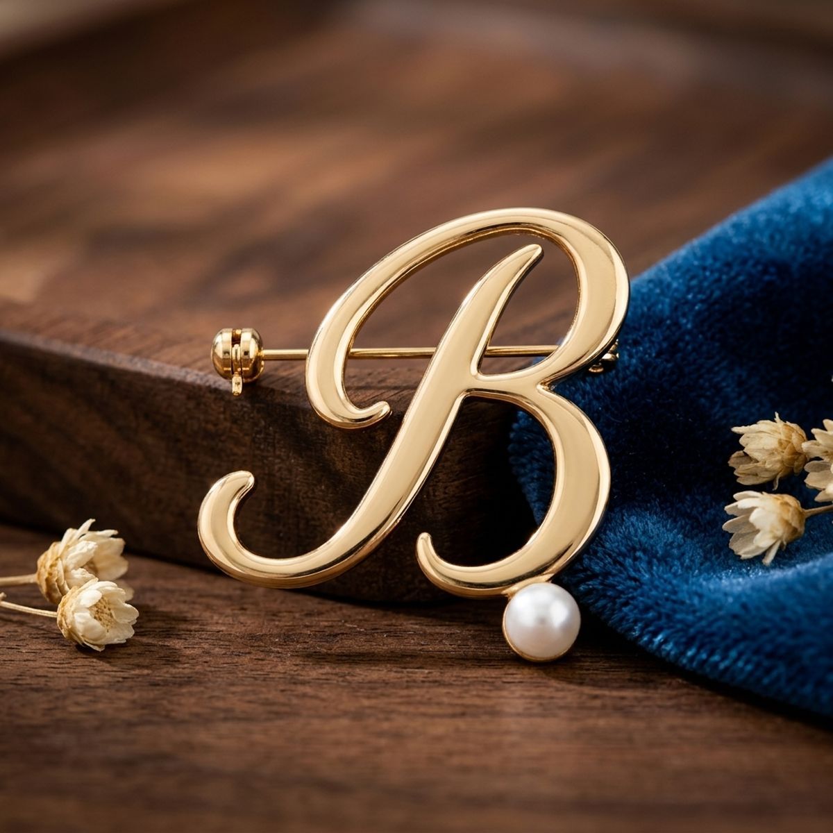 Gold Cursive B Initial Letter Pearl Brooch Pin