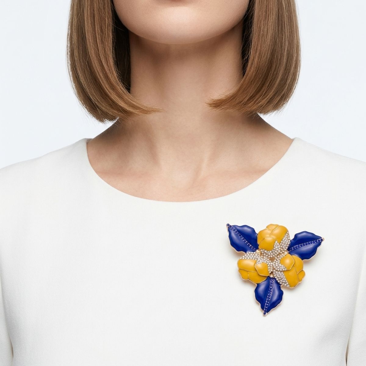 SGRHO Yellow 3 Blossom Royal Blue Leaf Brooch Pin