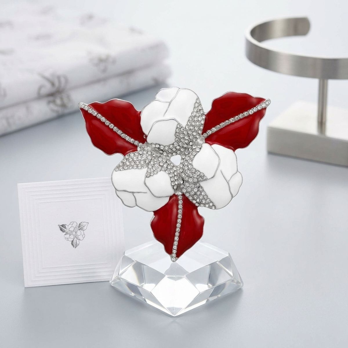 DST White 3 Blossom Crimson Red Leaf Brooch Pin