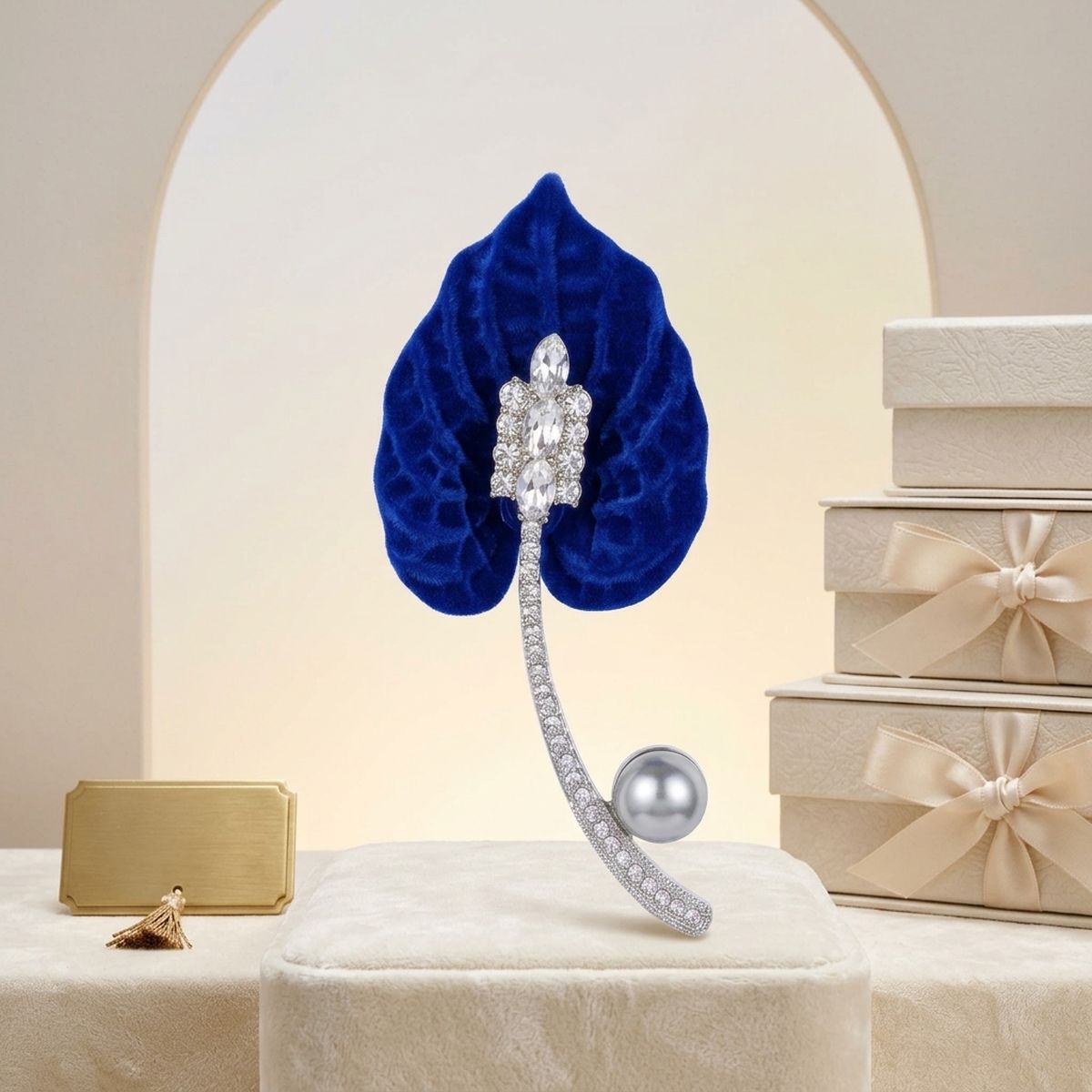 ZPB Royal Blue Lily Pearl & Rhinestone Brooch Pin